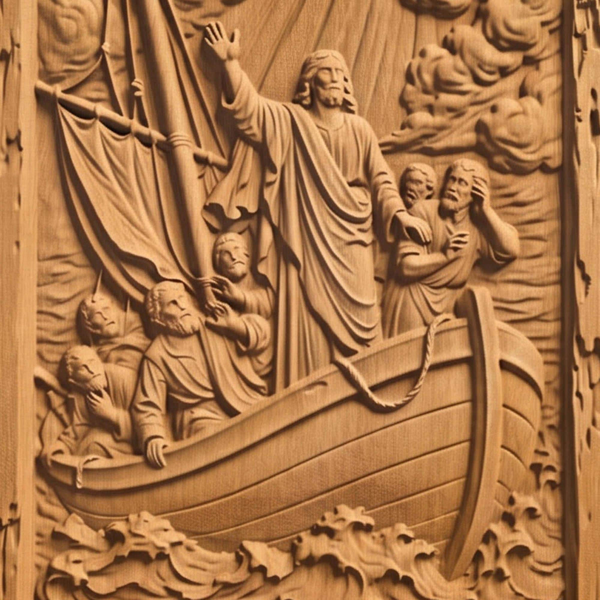 Jesus Calming the Sea Wooden Carved Handmade Christian Icon  Byzantine Greek Orthodox Home Decor Cretan Holy Carvings