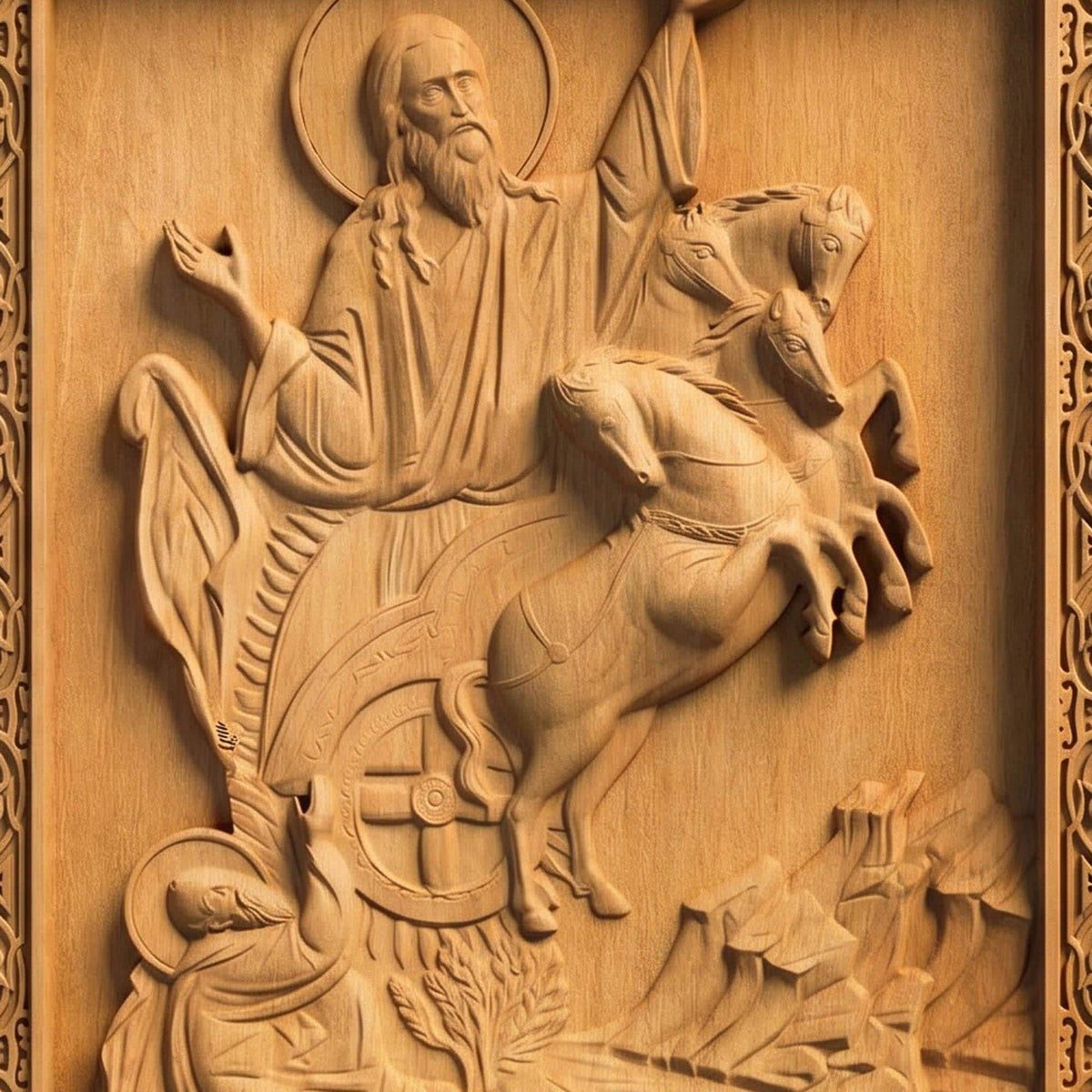 Prophet Elijah Wooden Carved Handmade Christian Icon Patron Saint of Bosnia and Herzegovina  Front Side Natural Wood Color Cretan Holy Carvings