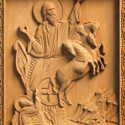 Prophet Elijah Wooden Carved Handmade Christian Icon Patron Saint of Bosnia and Herzegovina  Front Side Natural Wood Color Cretan Holy Carvings