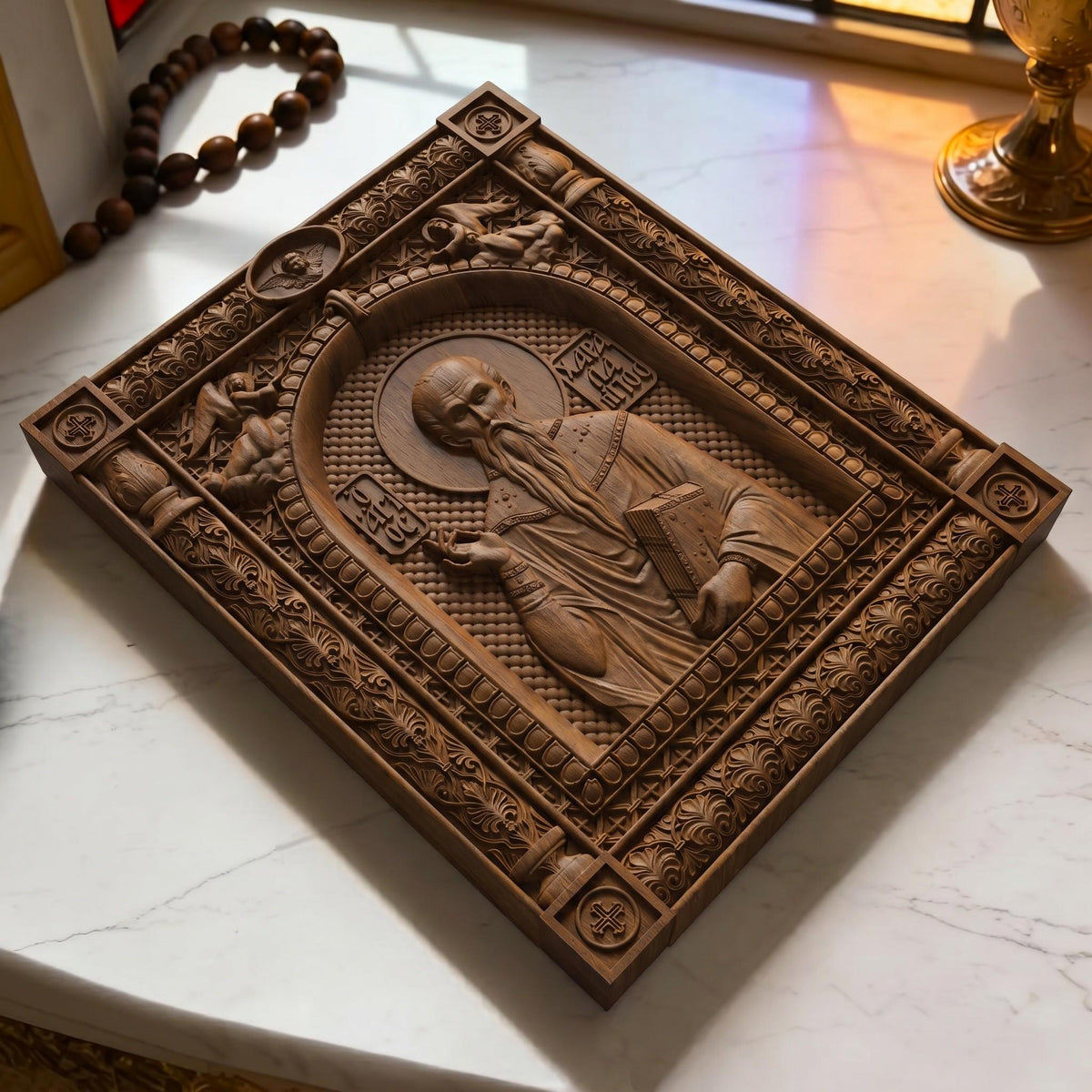 Saint Charalambos Wooden Carved Handmade Christian Icon | Byzantine Greek Orthodox Home Art Decor