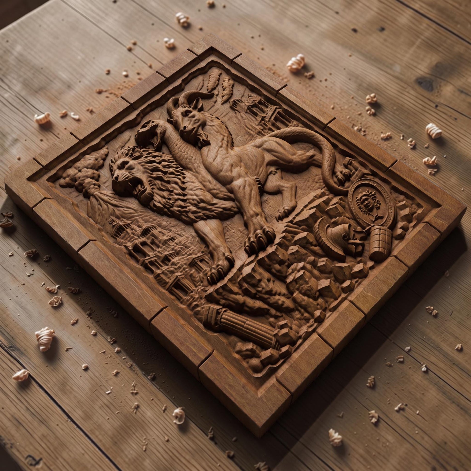 Chimera the Mythical Beast from Ancient Greek Mythology 3D Wooden Bas Relief Panel Art Sculptural Gift Idea Cretan Holy Carvings