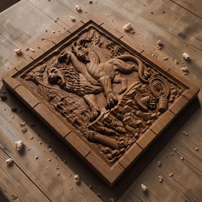 Chimera the Mythical Beast from Ancient Greek Mythology 3D Wooden Bas Relief Panel Art Sculptural Gift Idea Cretan Holy Carvings