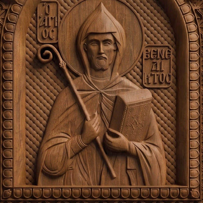 Saint Benedict Patron Saint of Europe Wooden Carved Handmade Christian Icon | Byzantine Greek Orthodox Home Art Decor