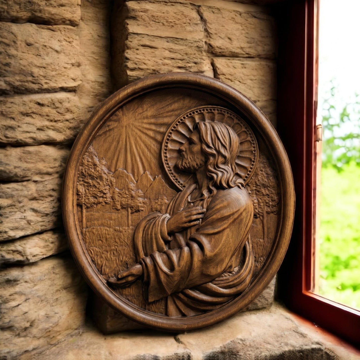 Jesus Christ Praying Plate Wooden Carved Handmade Christian Icon Front Side Brown Oak Cretan Holy Carvings