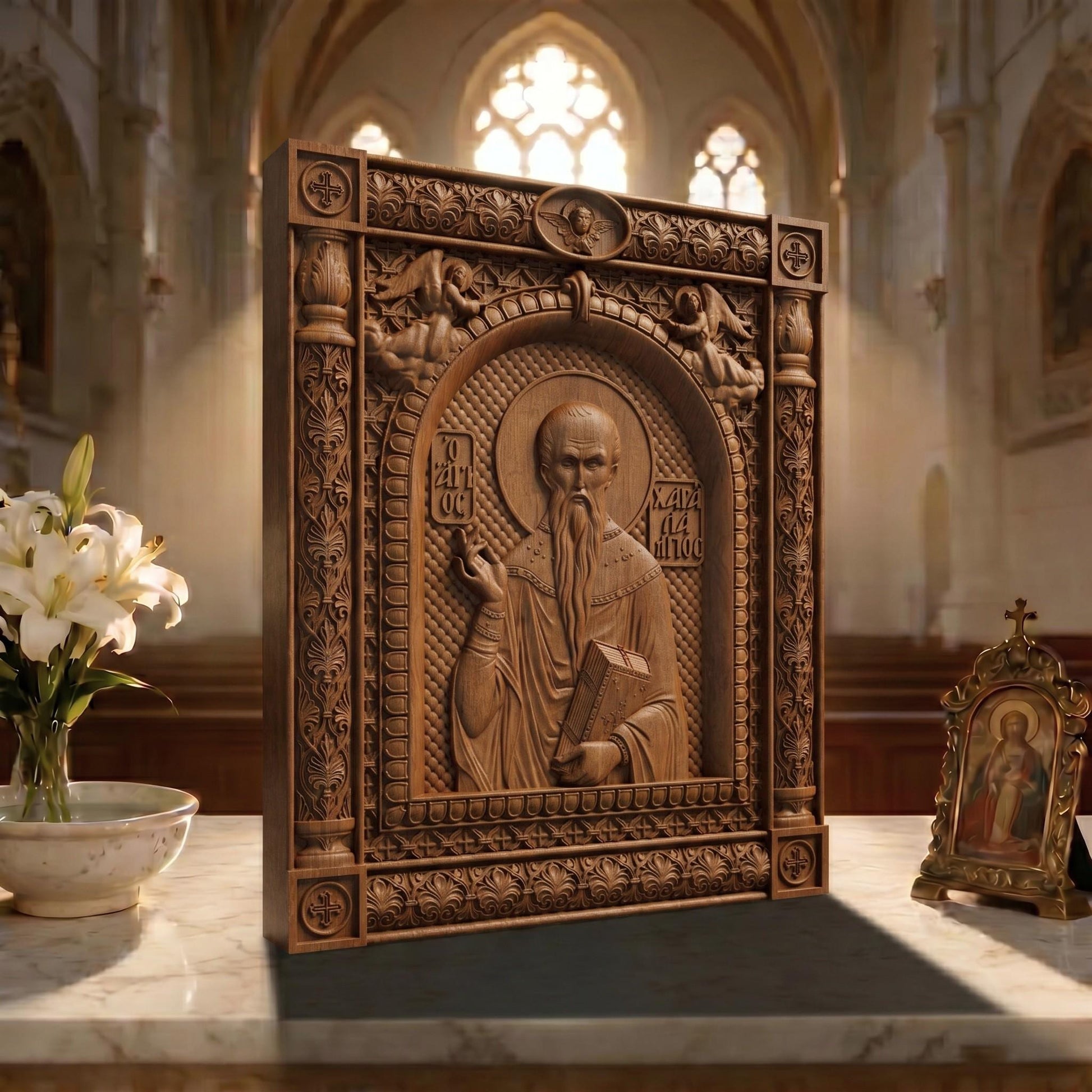 Saint Charalambos Wooden Carved Handmade Christian Icon | Byzantine Greek Orthodox Home Art Decor