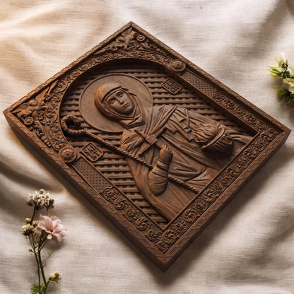 Saint Brigid Patron Saint of Poets Wooden Carved Handmade Christian Icon | Byzantine Greek Orthodox Home Art Decor