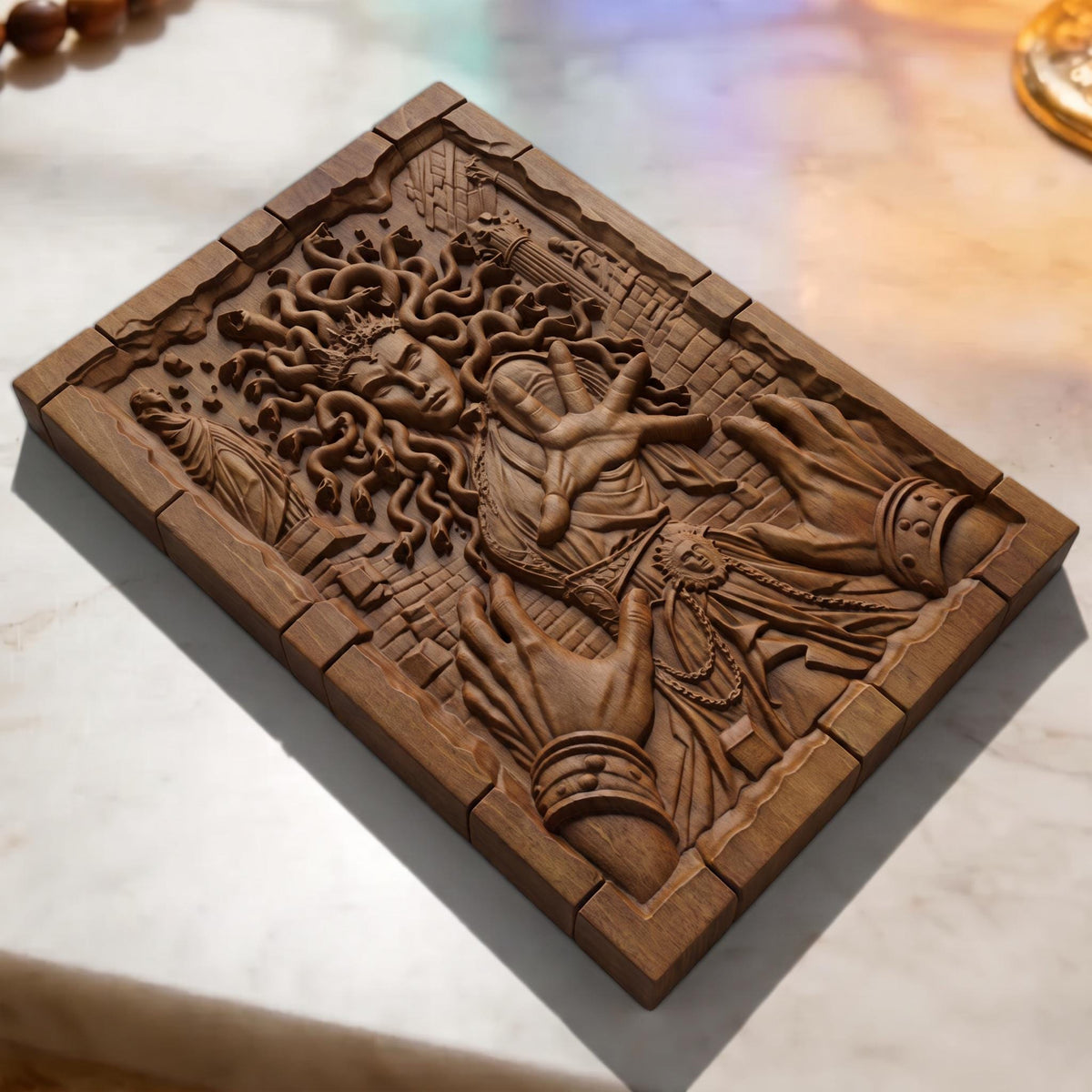 Medusa's Curse from Ancient Greek Mythology 3D Wooden Bas Relief Panel Art Sculptural Gift Idea Cretan Holy Carvings