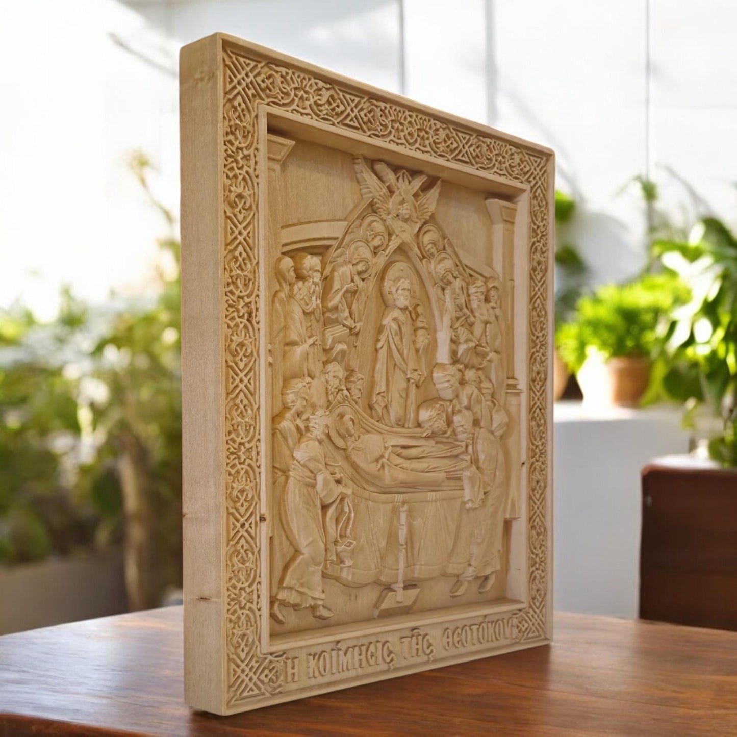 Dormition of the Mother of God Wooden Carved Handmade Christian Icon. Byzantine Greek Decor.
