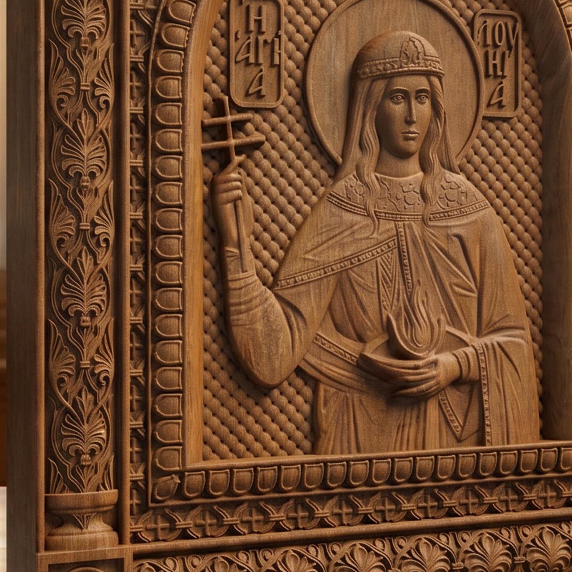 Saint Lucy Patron Saint of Blindness Wooden Carved Handmade Christian Icon | Byzantine Greek Orthodox Home Art Decor