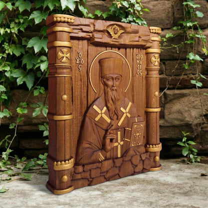 Saint Dionysios of Zakynthos Wooden Carved Handmade Christian Icon. Byzantine Greek Orthodox Home Decor.