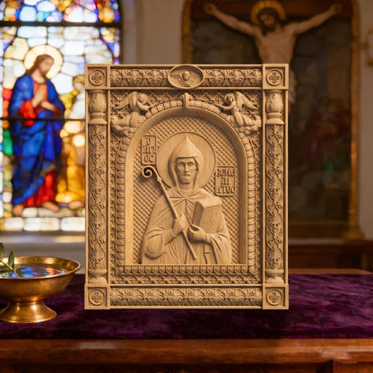 Saint Benedict Patron Saint of Europe Wooden Carved Handmade Christian Icon | Byzantine Greek Orthodox Home Art Decor