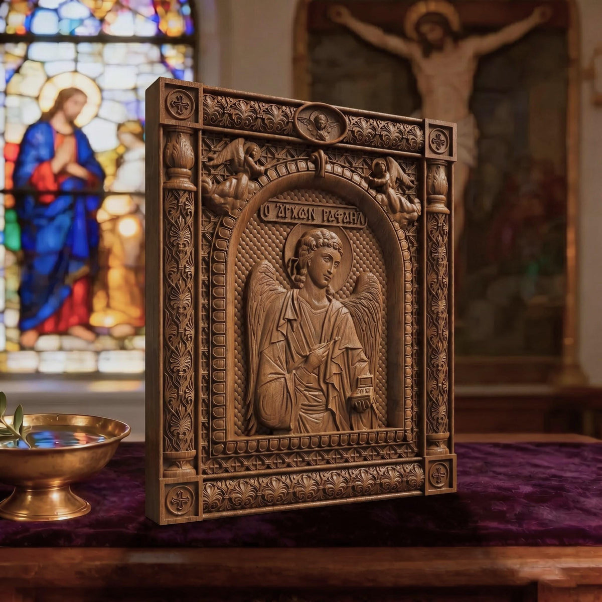 Archangel Raphael Wooden Carved Handmade Christian Icon | Byzantine Greek Orthodox Home Art Decor