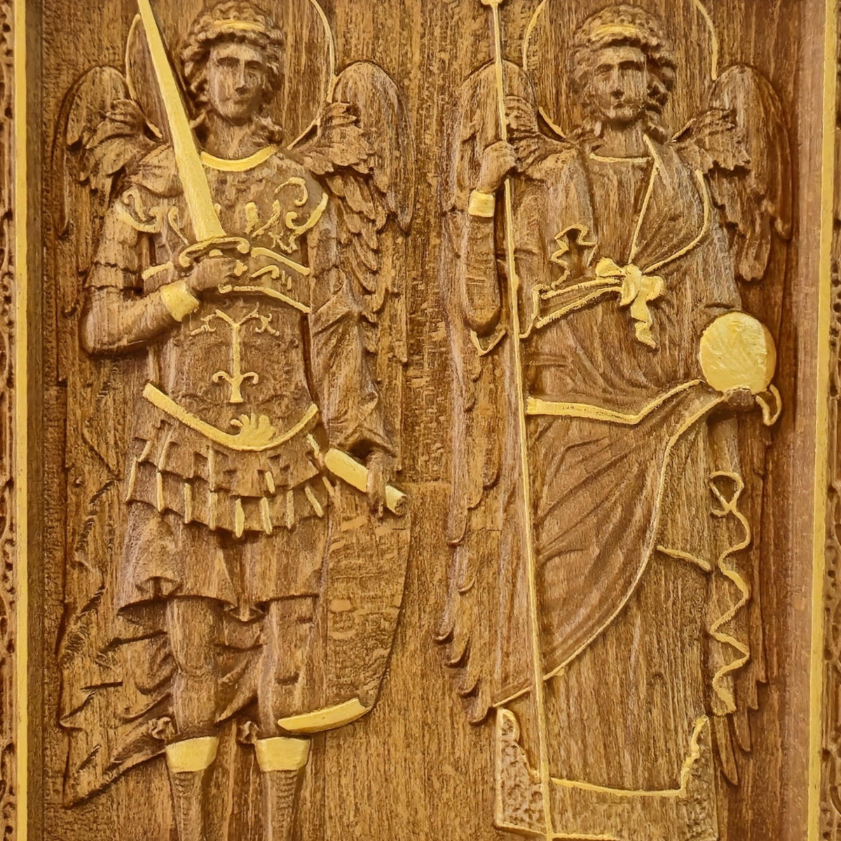 Archangels Michael and Gabriel Wooden Carved Handmade Christian Icon. Byzantine Greek Orthodox Home Decor.