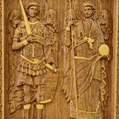 Archangels Michael and Gabriel Wooden Carved Handmade Christian Icon. Byzantine Greek Orthodox Home Decor.
