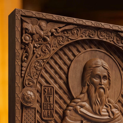 Saint Herman of Alaska Wooden Carved Handmade Christian Icon | Byzantine Greek Orthodox Home Art Decor