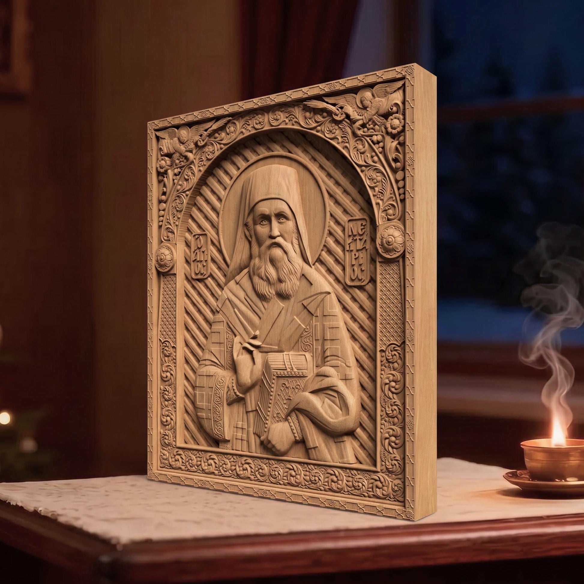Saint Nectarios of Aegina Wooden Carved Handmade Christian Icon | Byzantine Greek Orthodox Home Art Decor