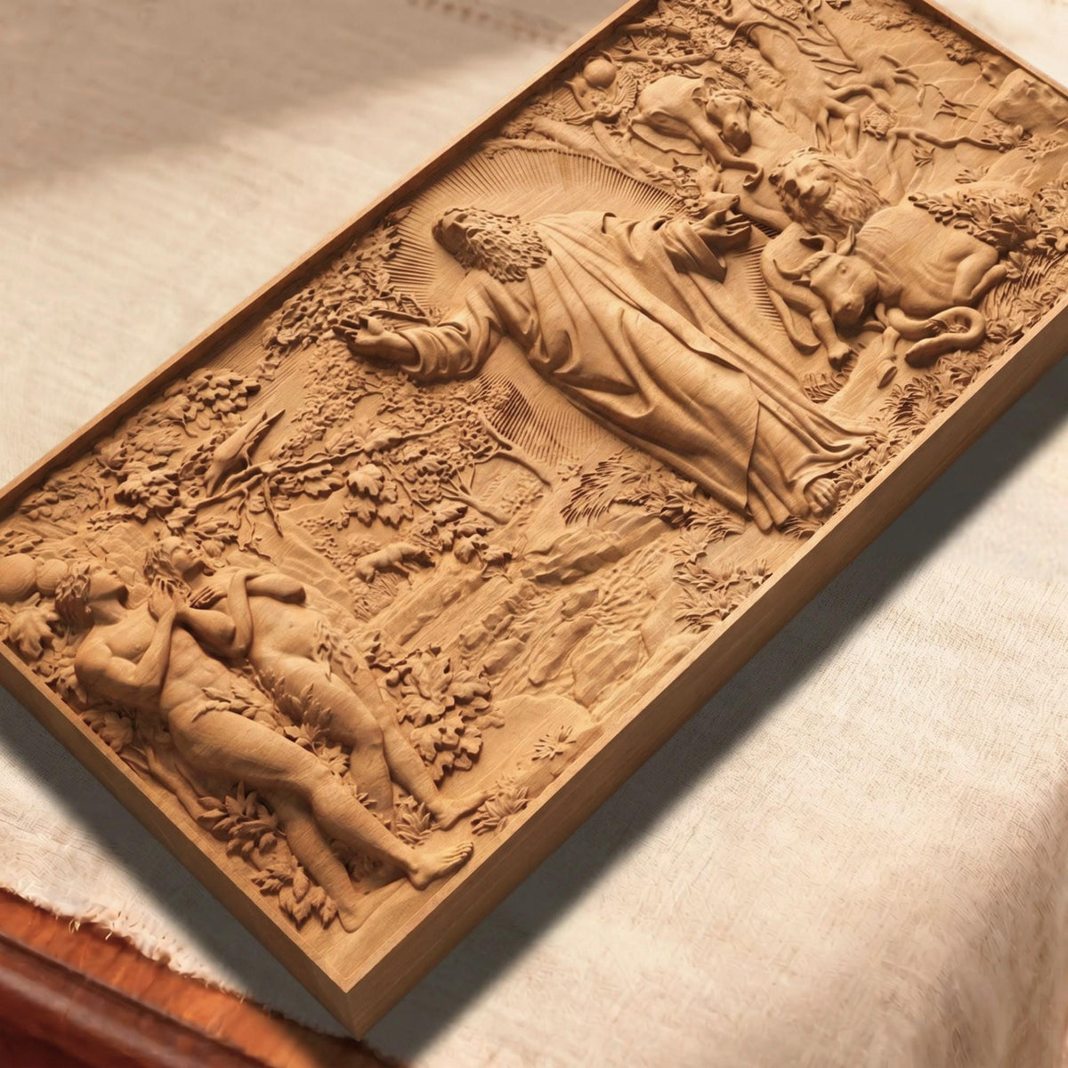 God Adam and Eve Wooden Bas Relief | Wood Panel Art | Sculptural Gift Idea