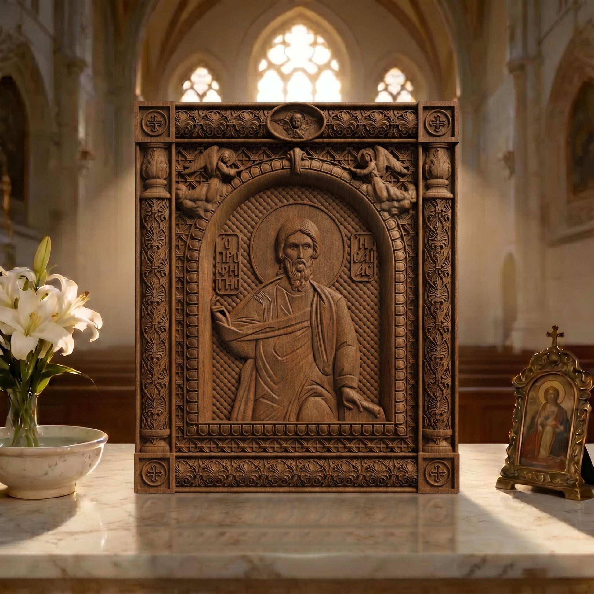 Prophet Isaiah Wooden Carved Handmade Christian Icon | Byzantine Greek Orthodox Home Art Decor
