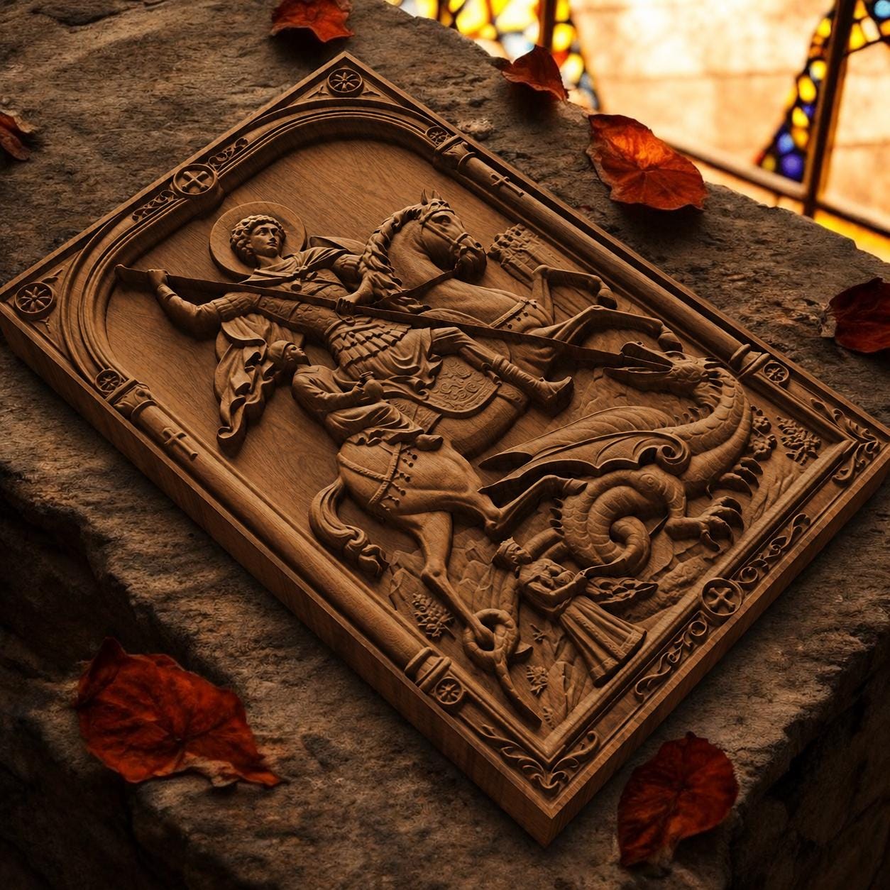 Saint George Kills the Dragon Wooden Carved Handmade Christian Icon Patron Saint of Military Brown Oak Cretan Holy Carvings