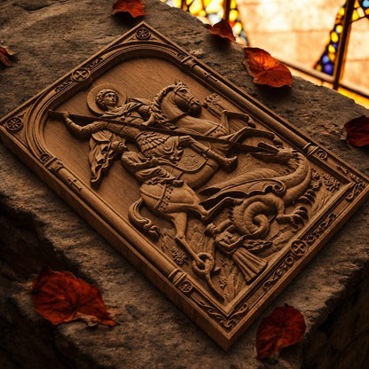 Saint George Kills the Dragon Wooden Carved Handmade Christian Icon Patron Saint of Military Brown Oak Cretan Holy Carvings