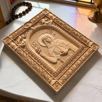 Saint Lucy Patron Saint of Blindness Wooden Carved Handmade Christian Icon | Byzantine Greek Orthodox Home Art Decor