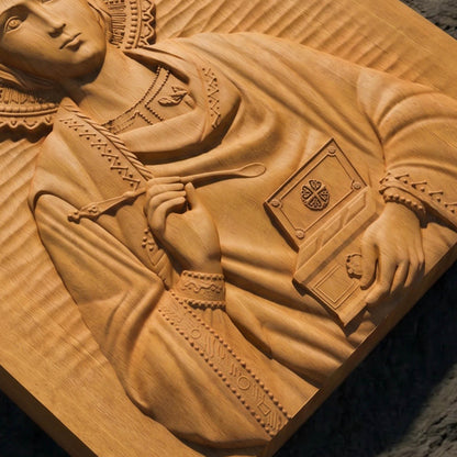 Saint Panteleimon Wooden Carved Handmade Christian Icon Patron Saint of Doctors and Physicians Flat Side Natural Wood Color Cretan Holy Carvings (2)