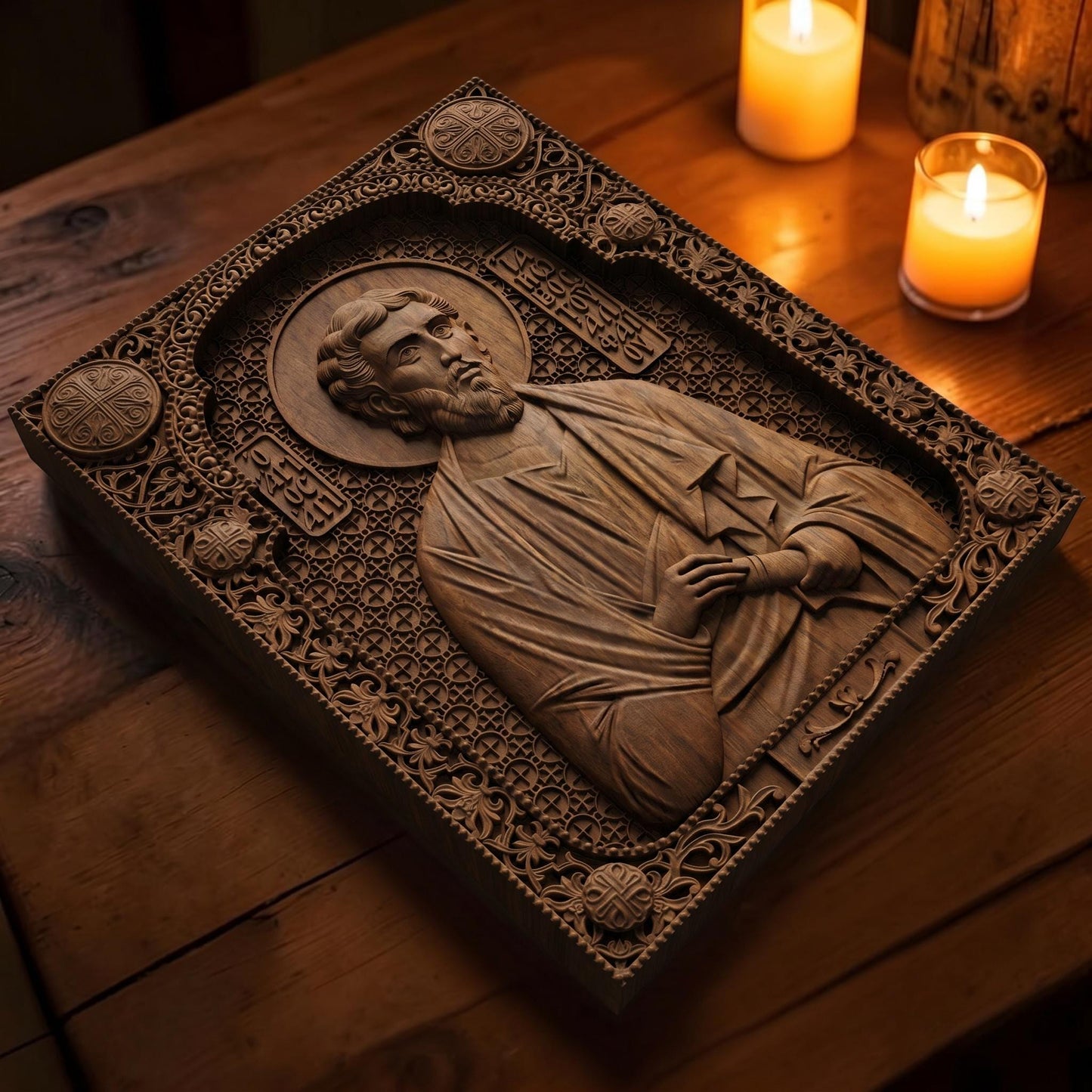 Saint James of Alphaeus the Apostle Wooden Carved Handmade Christian Icon Patron Saint of Pharmacists Flat Side Brown Oak Cretan Holy Carvings
