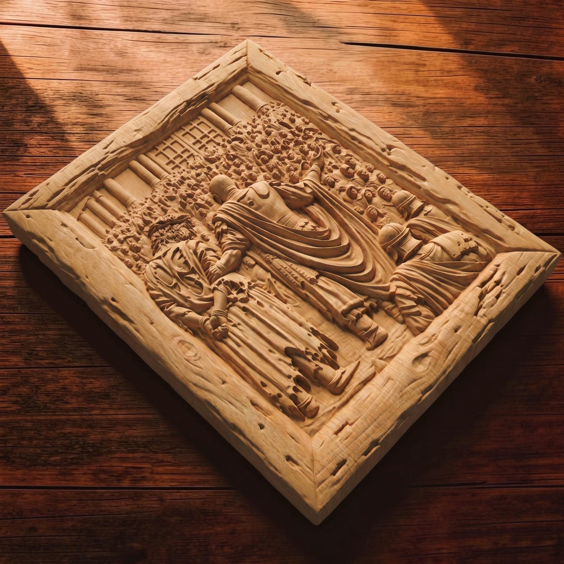 Jesus Christ in Front of the Condemning Crowd Wooden Carved Handmade Christian Icon  Byzantine Greek Orthodox Home Decor Cretan Holy Carvings