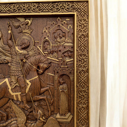 Saint George Wooden Carved Handmade Christian Icon. Byzantine Greek Orthodox Home Art Decor.