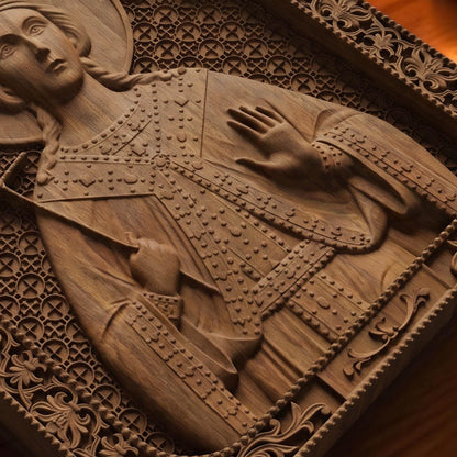 Saint Barbara Wooden Carved Handmade Christian Icon Patron Saint of Artillerymen Cretan Holy Carvings