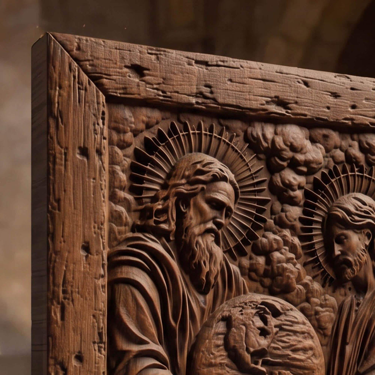 God Creating Earth Wooden Carved Handmade Christian Icon  Byzantine Greek Orthodox Home Decor Cretan Holy Carvings