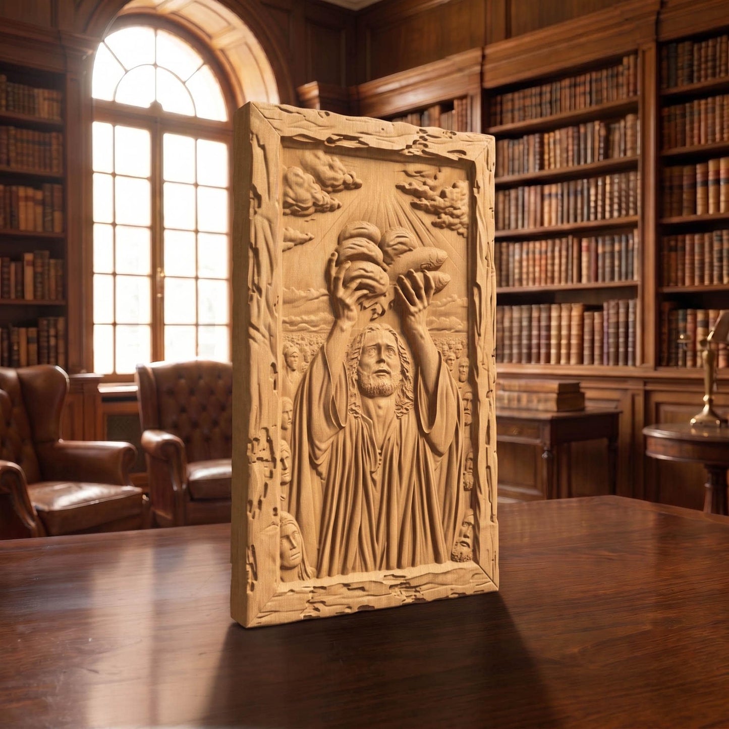 Jesus Christ Feeds the 5000 Wooden Carved Handmade Christian Icon  Byzantine Greek Orthodox Home Decor Cretan Holy Carvings