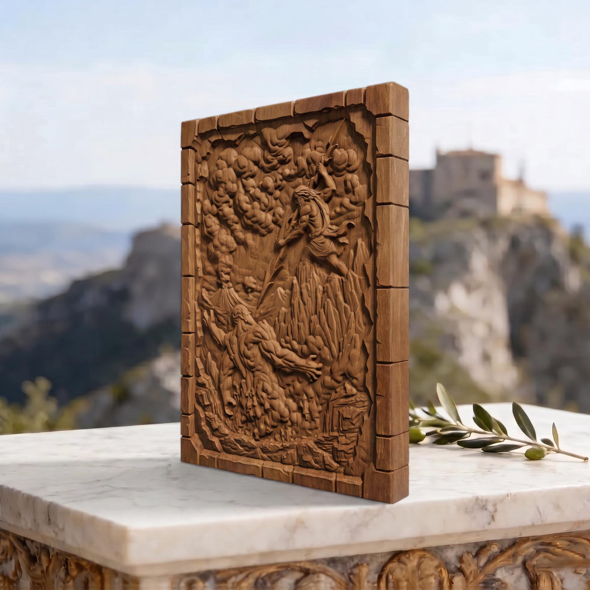 Zeus vs Lava Titan from Ancient Greek Mythology 3D Wooden Bas Relief Panel Art Sculptural Gift Idea Cretan Holy Carvings