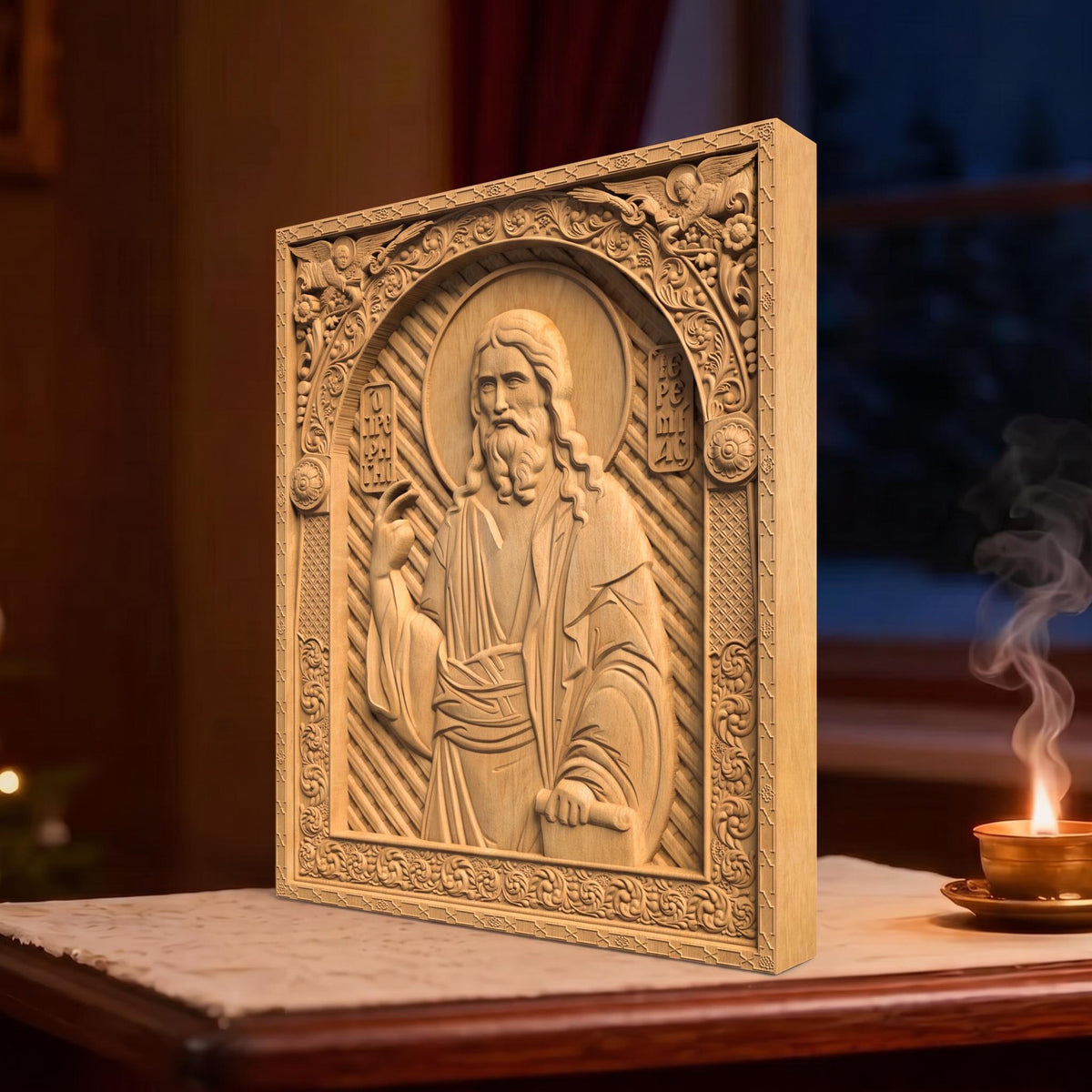 Prophet Jeremiah Wooden Carved Handmade Christian Icon | Byzantine Greek Orthodox Home Art Decor