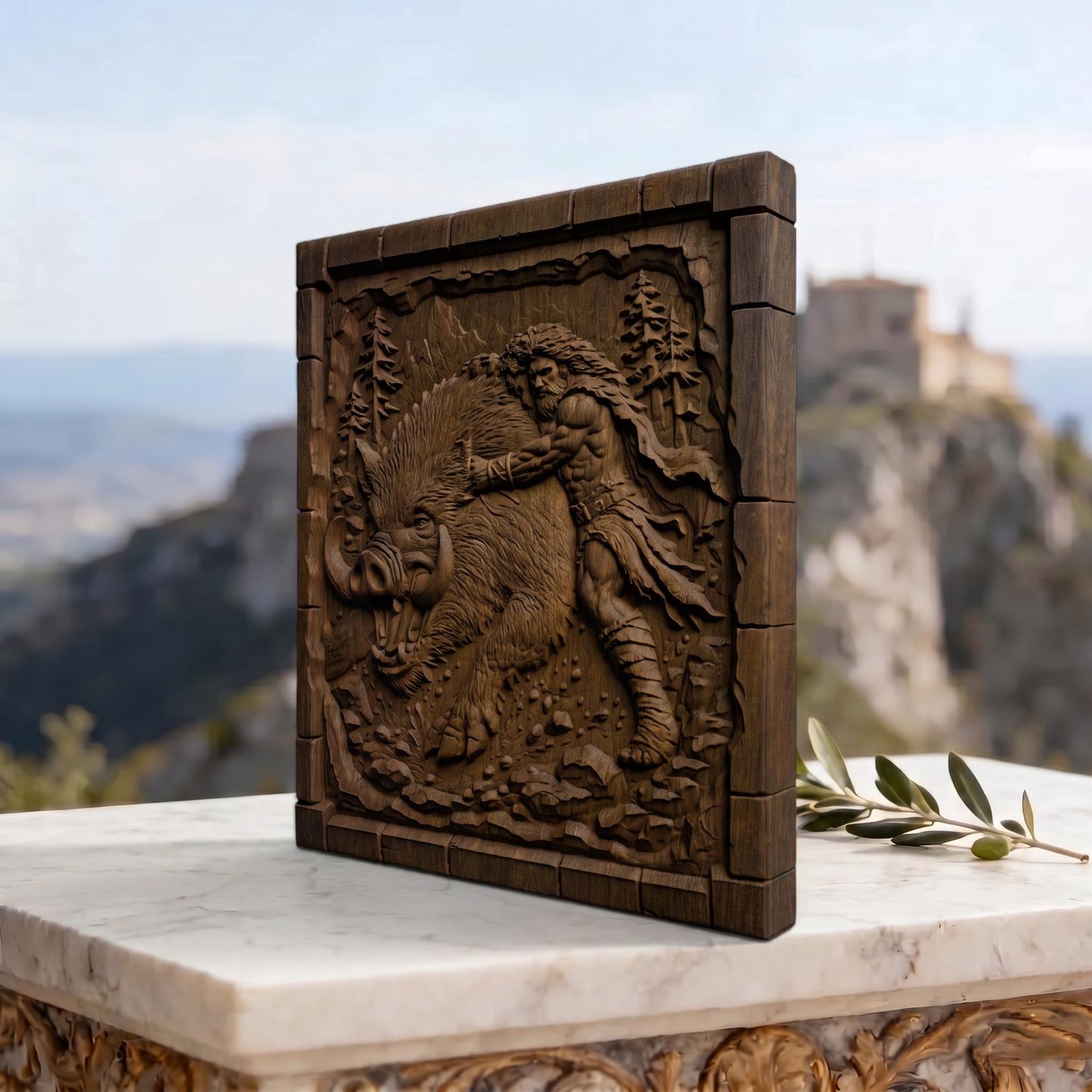 Hercules Fighting the Wild Boar from Ancient Greek Mythology 3D Wooden Bas Relief Panel Art Sculptural Gift Idea Cretan Holy Carvings