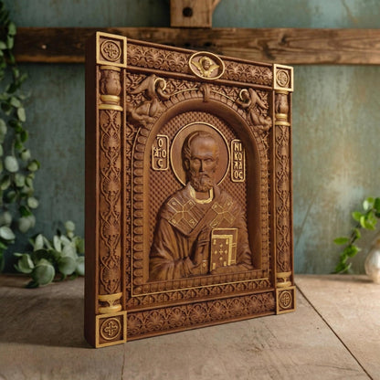 Saint Nicholas Wooden Carved Handmade Christian Icon. Byzantine Greek Orthodox Home Art Decor.