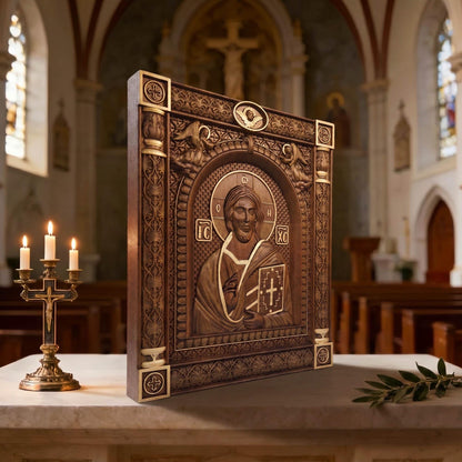 Christ Pantocrator of Sinai Wooden Carved Handmade Christian Icon Left Side Golden Dark Cretan Holy Carvings