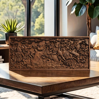 May include: A rectangular, dark brown wooden relief carving depicting birds and foliage. The detailed carving features birds perched among flowers and leaves, with a landscape background. The artwork is displayed on a wooden table.
