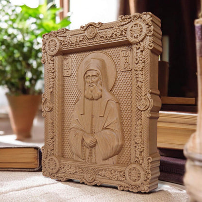 Saint Paisios of Mount Athos Wooden Carved Handmade Christian Icon. Byzantine Greek Home Decor.