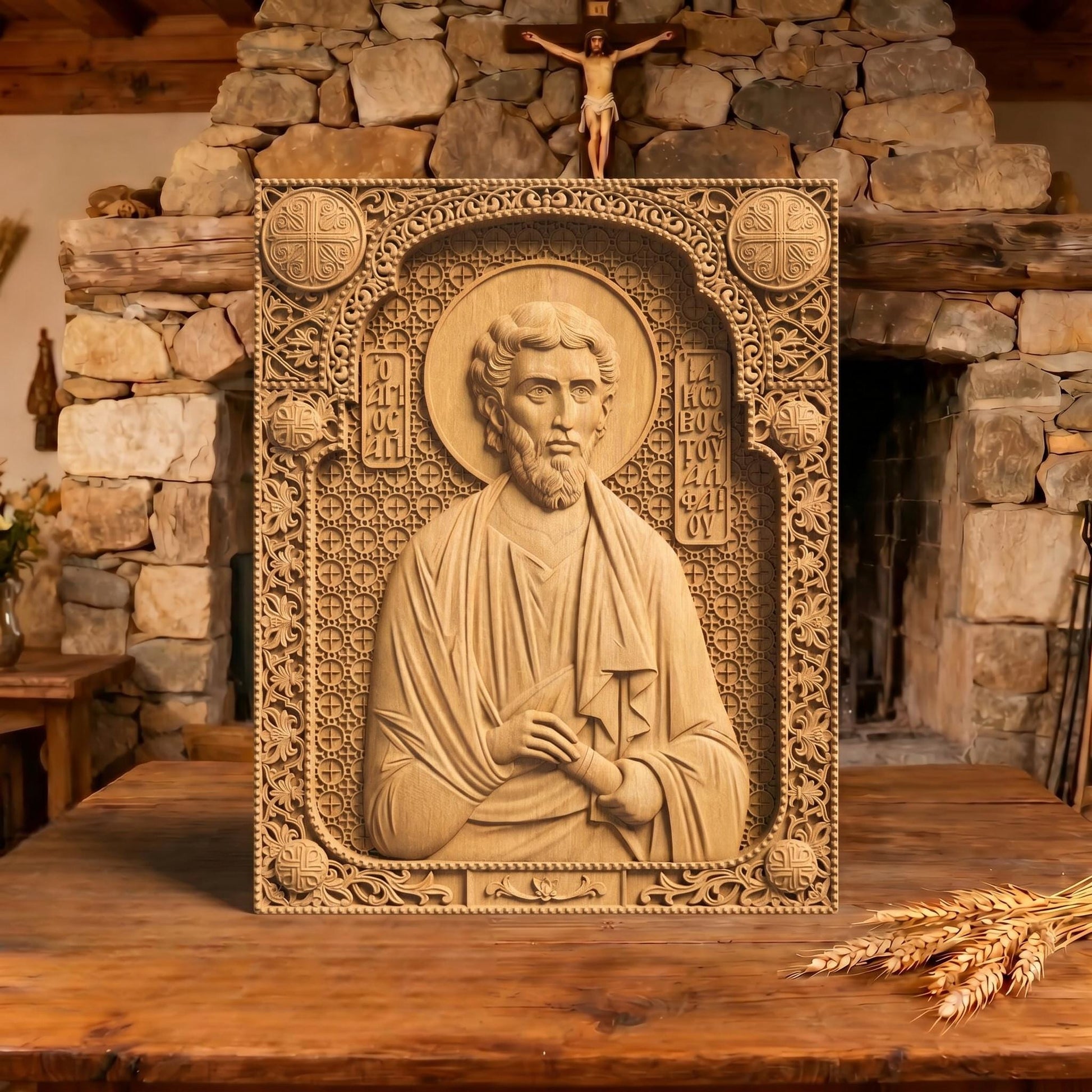 Saint James of Alphaeus the Apostle Wooden Carved Handmade Christian Icon Patron Saint of Pharmacists Front Side Natural Wood Color Cretan Holy Carvings