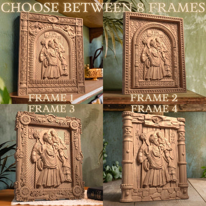 Saint Christopher Wooden Carved Handmade Christian Icon. Patron Saint of Drivers. Byzantine Greek Orthodox Home Art Decor.