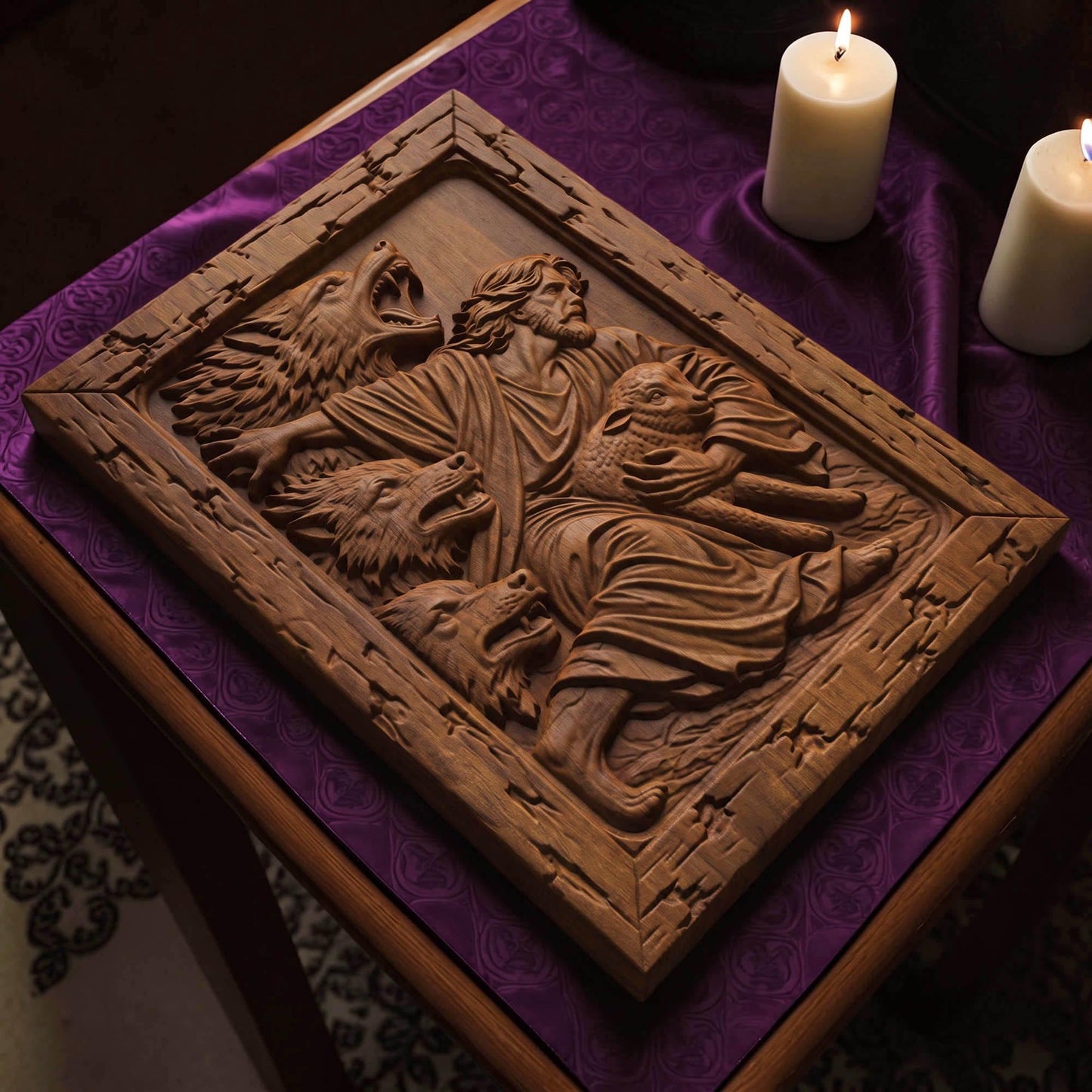 Jesus Saves from the Wolves Wooden Carved Handmade Christian Icon  Byzantine Greek Orthodox Home Decor Cretan Holy Carvings
