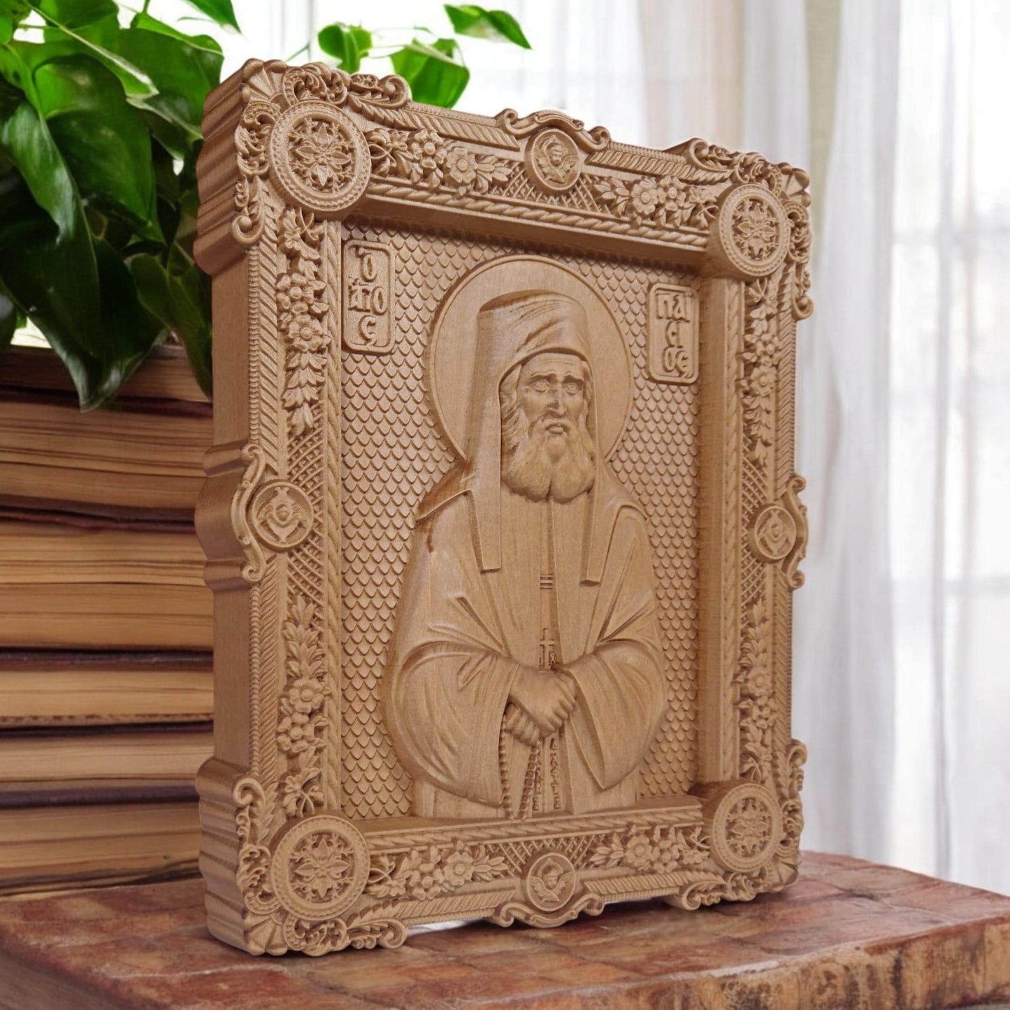 Saint Paisios of Mount Athos Wooden Carved Handmade Christian Icon. Byzantine Greek Home Decor.