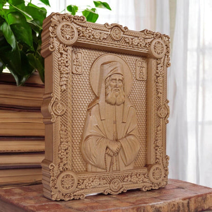 Saint Paisios of Mount Athos Wooden Carved Handmade Christian Icon. Byzantine Greek Home Decor.