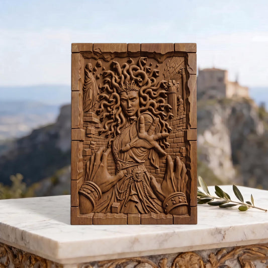 Medusa's Curse from Ancient Greek Mythology 3D Wooden Bas Relief Panel Art Sculptural Gift Idea Cretan Holy Carvings