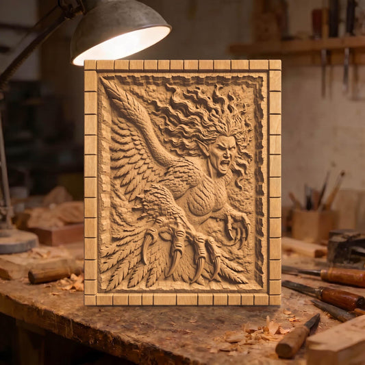 Harpy from Ancient Greek Mythology 3D Wooden Bas Relief Panel Art Sculptural Gift Idea Cretan Holy Carvings
