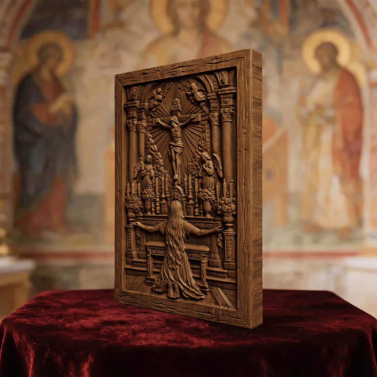 Praying in Church to Jesus Christ Wooden Carved Handmade Christian Icon  Byzantine Greek Orthodox Home Decor Cretan Holy Carvings