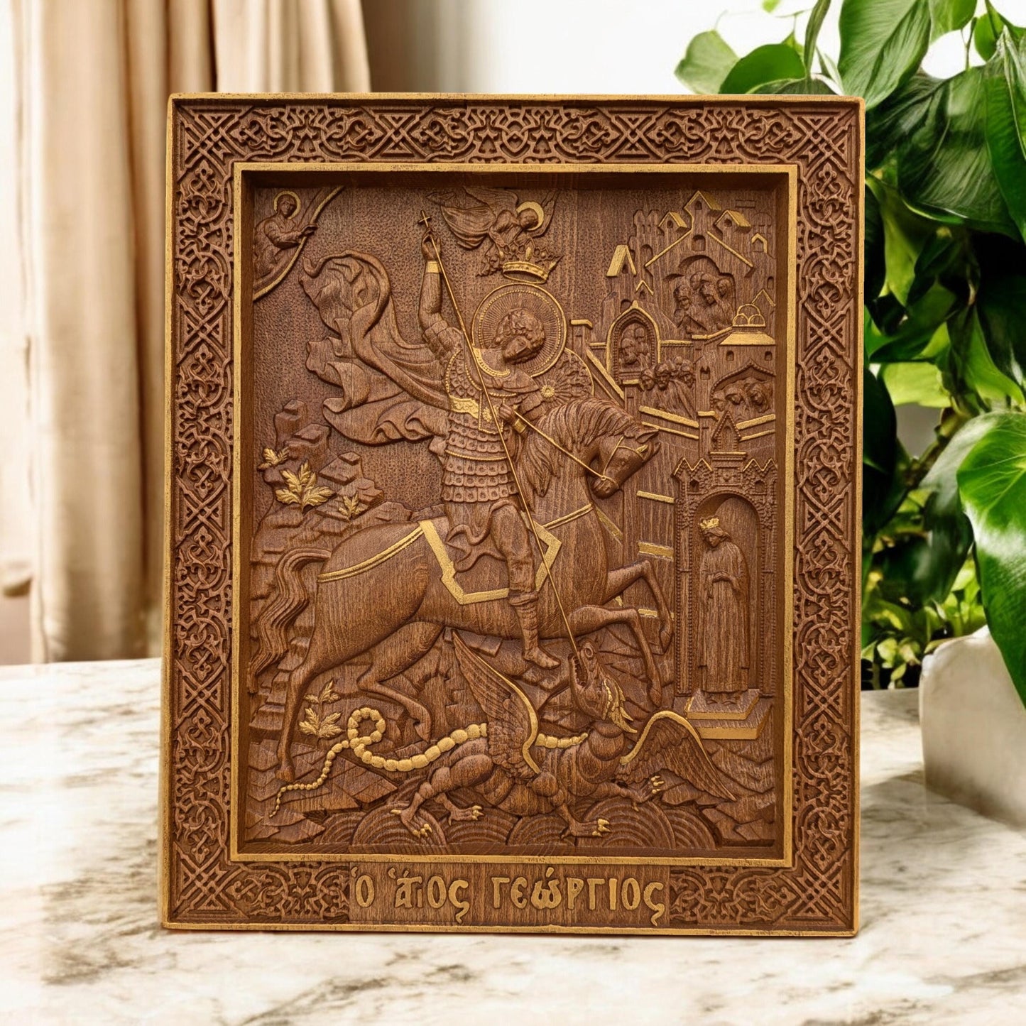Saint George Wooden Carved Handmade Christian Icon. Byzantine Greek Orthodox Home Art Decor.