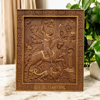 Saint George Wooden Carved Handmade Christian Icon. Byzantine Greek Orthodox Home Art Decor.