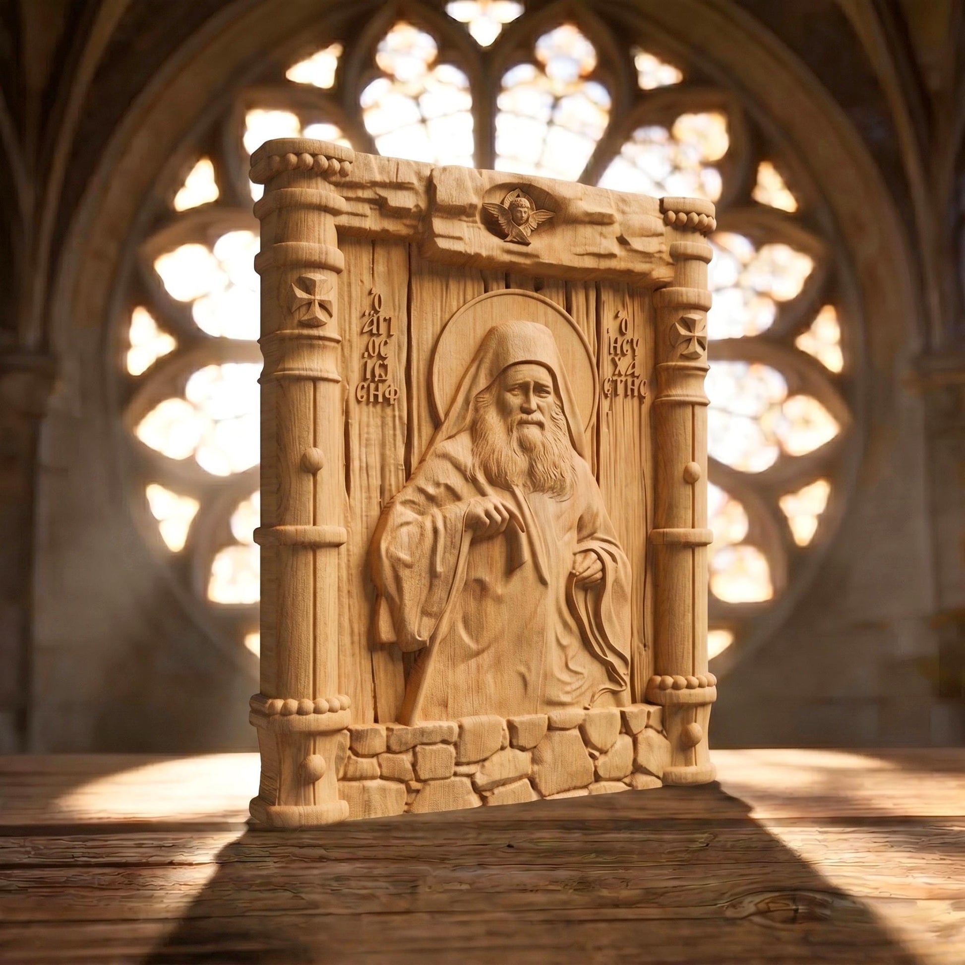 Saint Joseph the Hesychast Wooden Carved Handmade Christian Icon Left Side Natural Wood Color Cretan Holy Carvings